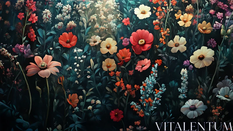 Jeweled Garden Symphony: Where Vivid Blooms Dance Against Deep Twilight.