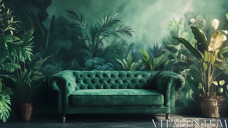 Emerald velvet sofa in immersive botanical interior environment.