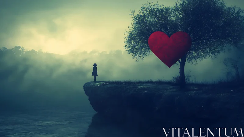 Solitary Figure Beneath Heart-Shaped Tree in Misty Landscape.