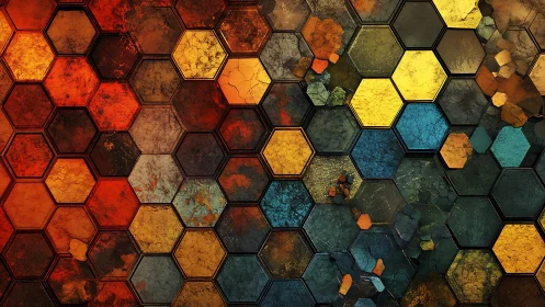 Fractured hexagon grid blends molten amber and teal tones.