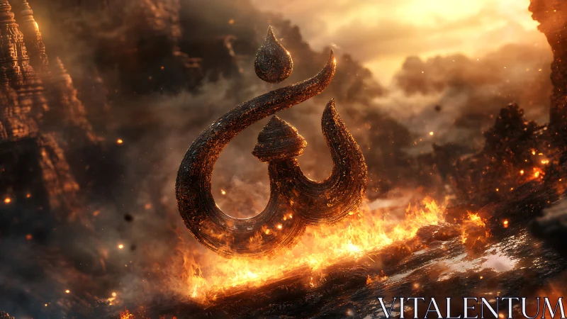 Molten Om symbol rises amid volcanic firestorm.