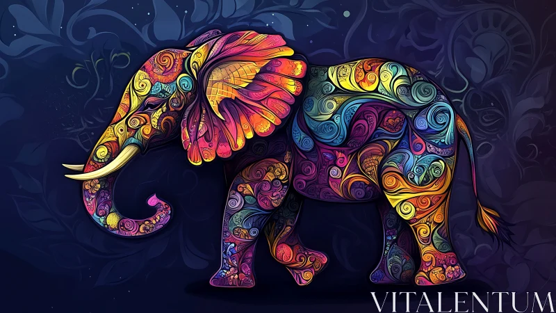Colorful patterned elephant glowing with playful, gentle magic.