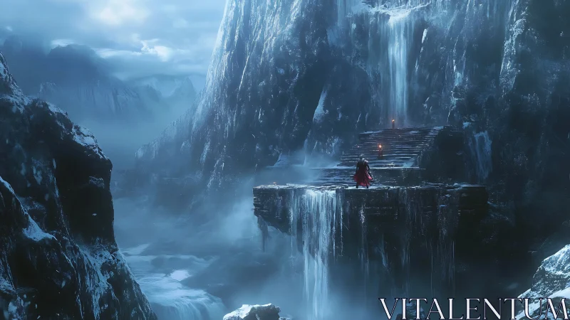 Lone figure ascends frozen cliff altar under icy waterfalls