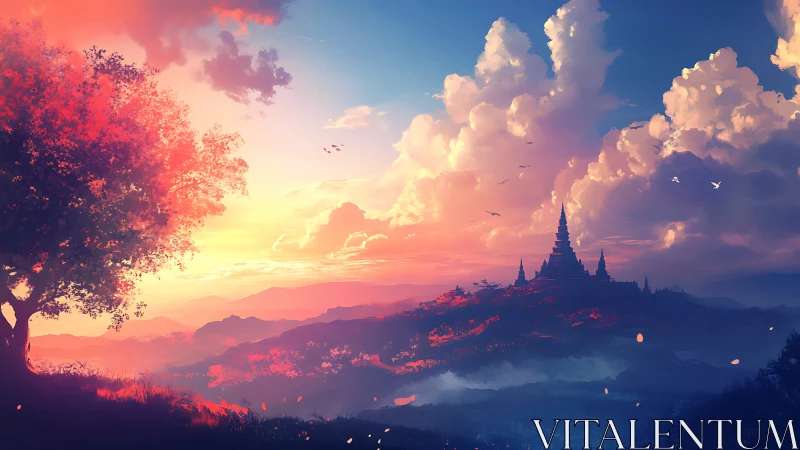 Sunfire tree guarding a cloudbright kingdom at dusk.