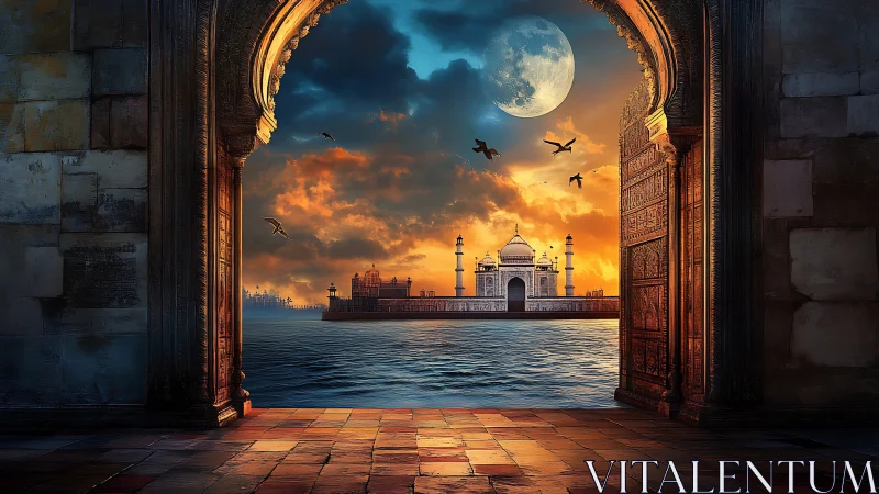 Moonlit palace glows across the water beyond carved archway