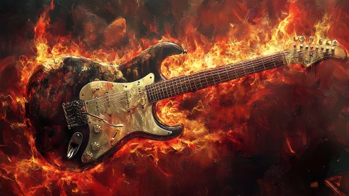 Electric guitar on blazing flames in dramatic artwork.