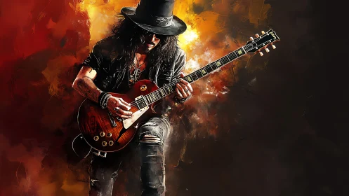 Rock guitarist shreds electric solo in fiery light burst.