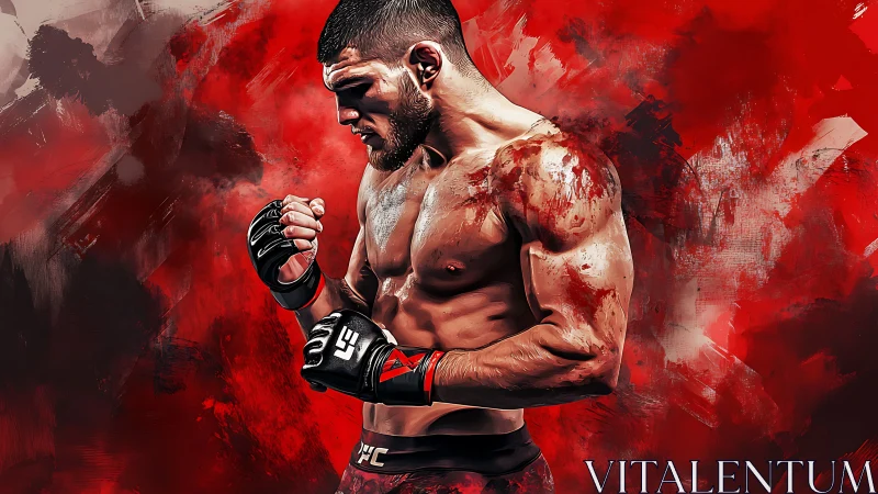 MMA Fighter in Combat Stance with Red Atmospheric Design.