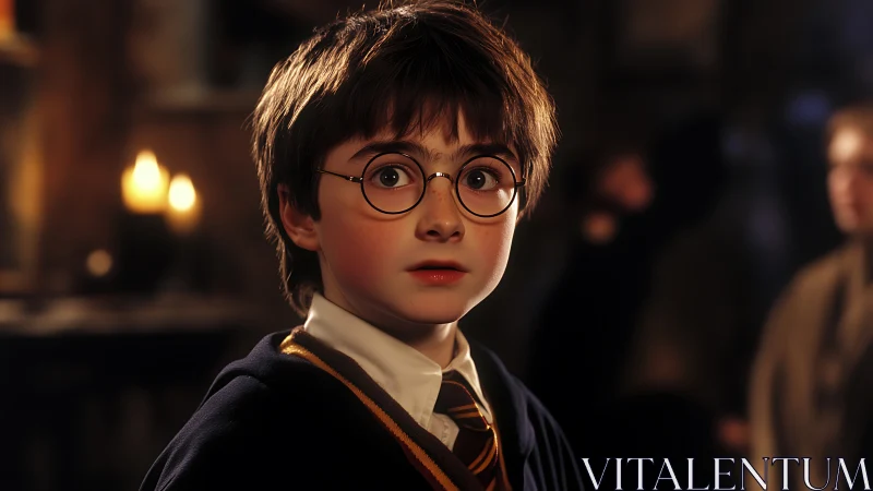 Young boy with round glasses in dim interior setting.