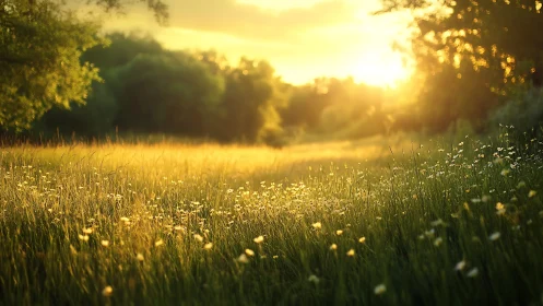 Sunlit meadow glows under warm golden evening light.