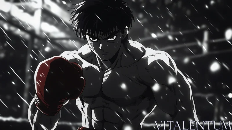 Determined anime boxer holds guard under dramatic arena rain