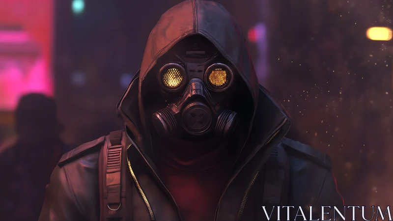 Hooded cyberpunk operative in gas mask walks through neon haze