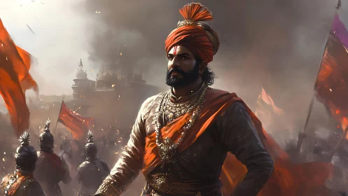 Maratha leader in ornate armor before smoky fortress.