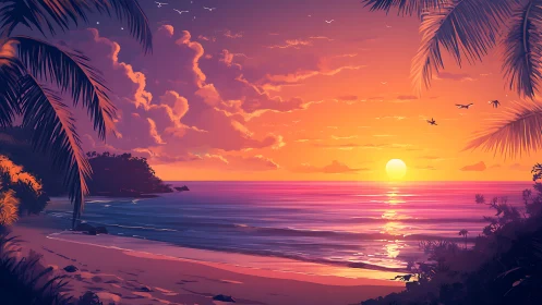 Sunset illuminates tranquil tropical beach with vivid clouds