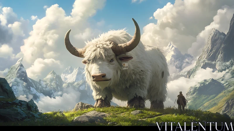 Colossal alpine yak companion in atmospheric mountain pass.
