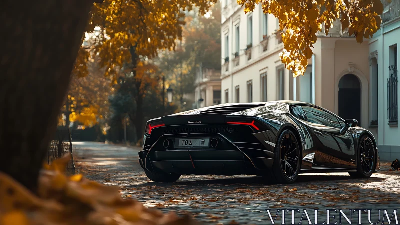 Black supercar reflects autumnal street architecture in detail