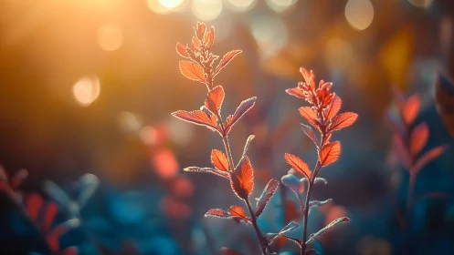 Backlit crimson foliage under shallow depth-of-field glow.