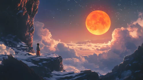 Child on snowy cliff under huge glowing orange moon.