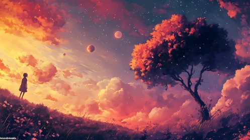Girl under cosmic sunset sky beside glowing lone tree.