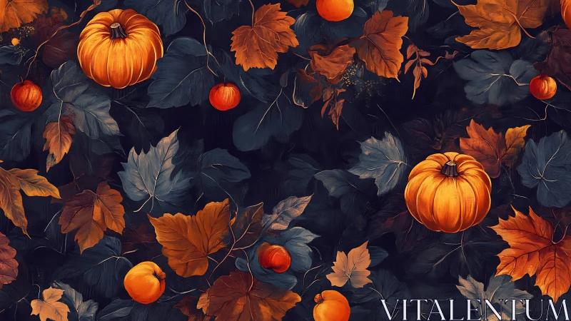 Pumpkin pattern spreads across deep autumn foliage field.