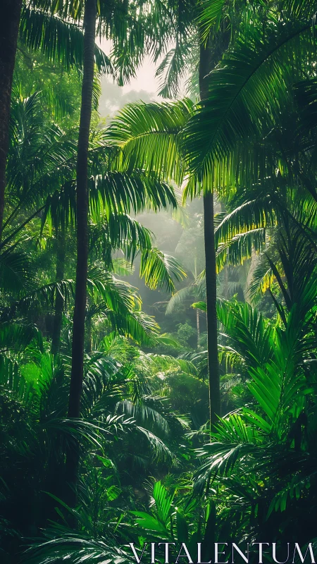 Sunlit tropical canopy bathed in emerald glow.