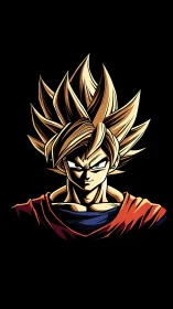 Stylized spiky-haired anime warrior bust on black ground.