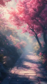 Stone path under pink flowering trees in soft morning light.