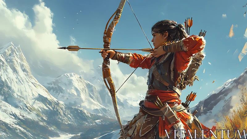 Mountain archer in dynamic side profile amid snow peaks.