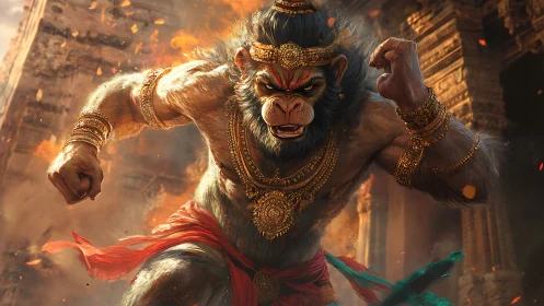 Mythic warrior monkey charges through blazing temple ruins.