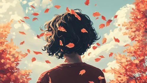 Backlit autumn figure with dynamic foliage turbulence field.