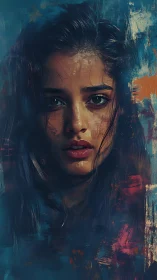 Gaze emerges from painterly blues in emotive portrait study.