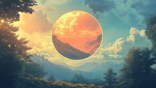 Surreal portal reveals luminous orange mountain realm