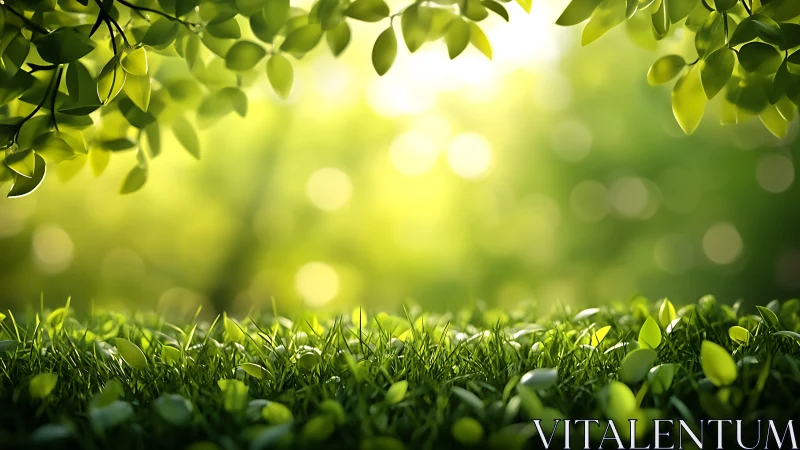 Sunlit green grass and leafy branches, soft bokeh background.