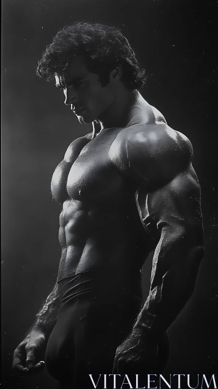 Monochrome bodybuilder stands in dramatic side profile pose.