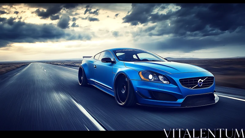 Stormlit blue sports car racing down an endless highway.