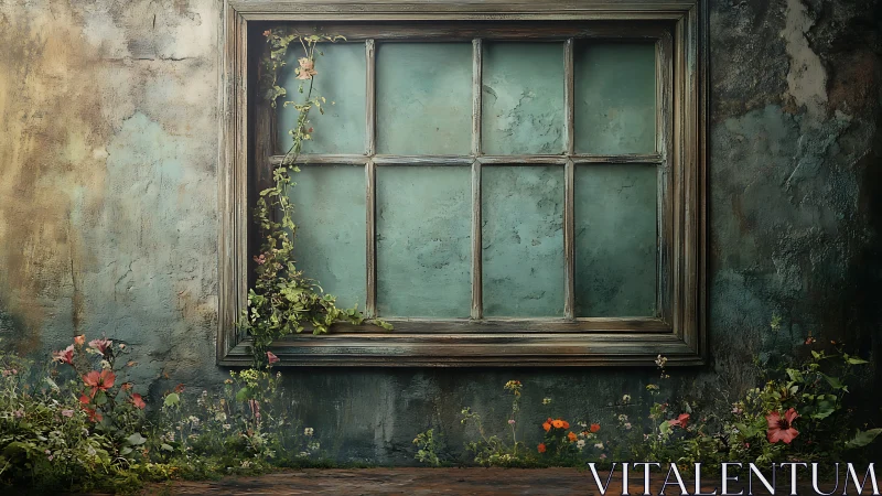 Weathered window frame on aged wall with ground flowers.