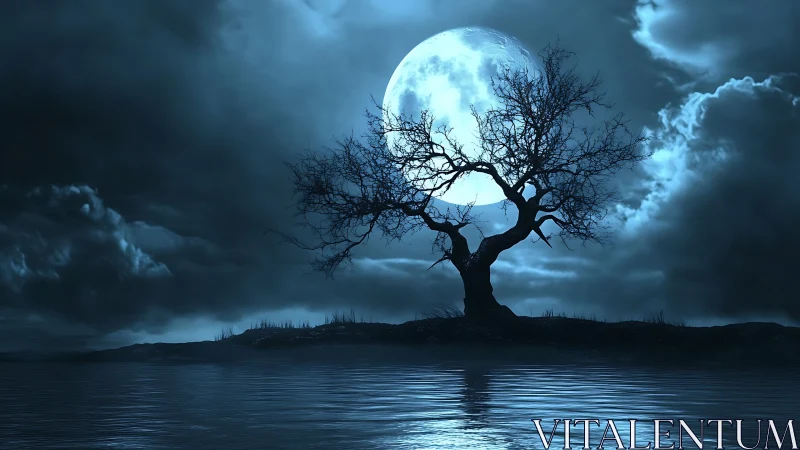 Nocturnal shoreline tree silhouetted against oversized full moon