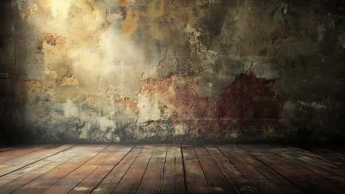 Aged plaster wall with textured patina and worn wood floor