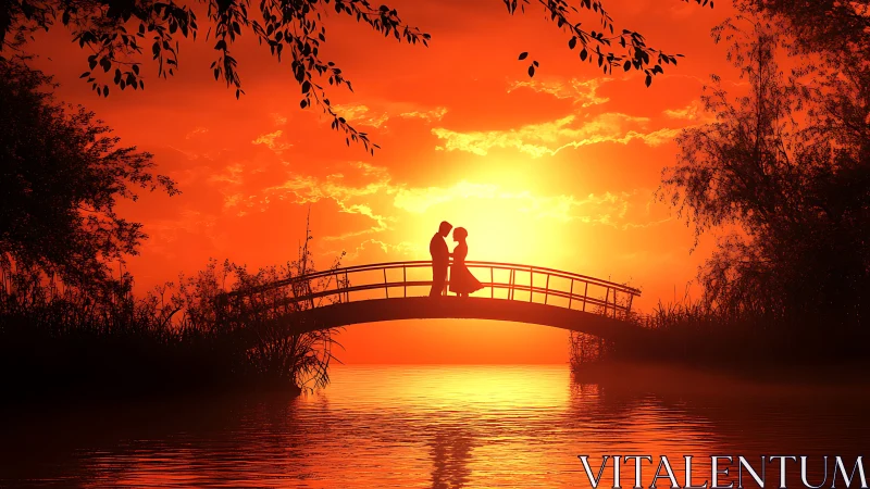 Silhouetted couple kissing on arched bridge at golden sunset.