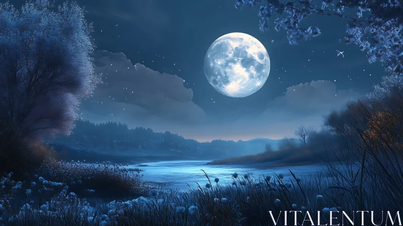 Luminous full moon over frosted river in cinematic blue night.