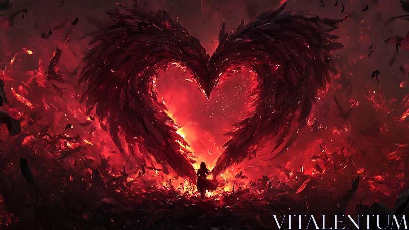 Dark feathered wings form a fiery red heart silhouette.