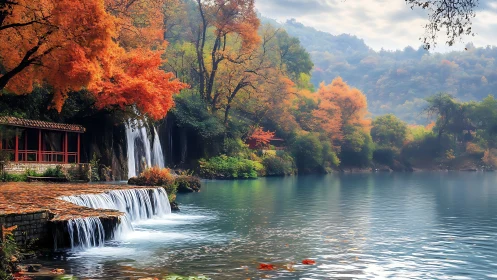 Terraced waterfall sanctuary framed by vivid autumn foliage.