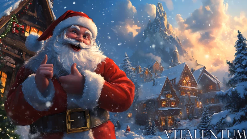 Digital painting of joyful Santa in luminous alpine village snowscape.