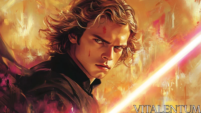 Dynamic portrait of warrior with glowing blade in warm spectral light