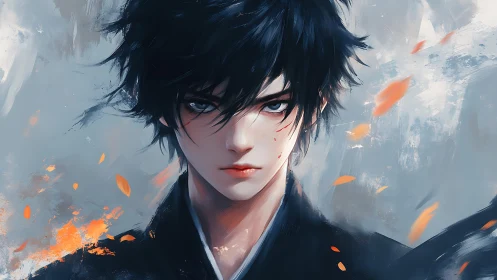 Storm-eyed swordsman framed in drifting embers and frost.