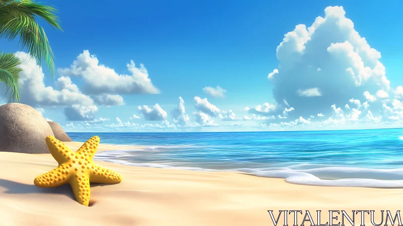 Golden starfish rests on sunlit tropical shoreline