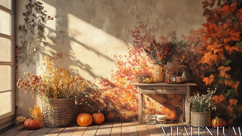 Autumn interior still life with pumpkins and dried foliage wall.