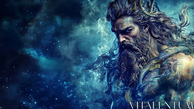 Storm-forged sea god amid swirling cosmic ocean.