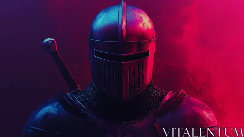 Armored knight portrait under neon magenta and cyan lighting