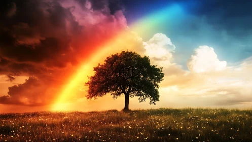 Solitary tree rests beneath a vivid rainbow split sky